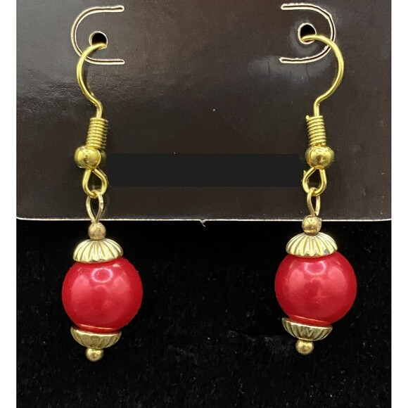 Ornament Red Faux Pearl Bead Gold Tone Earrings by Neanie-Bot - Picture 1 of 1